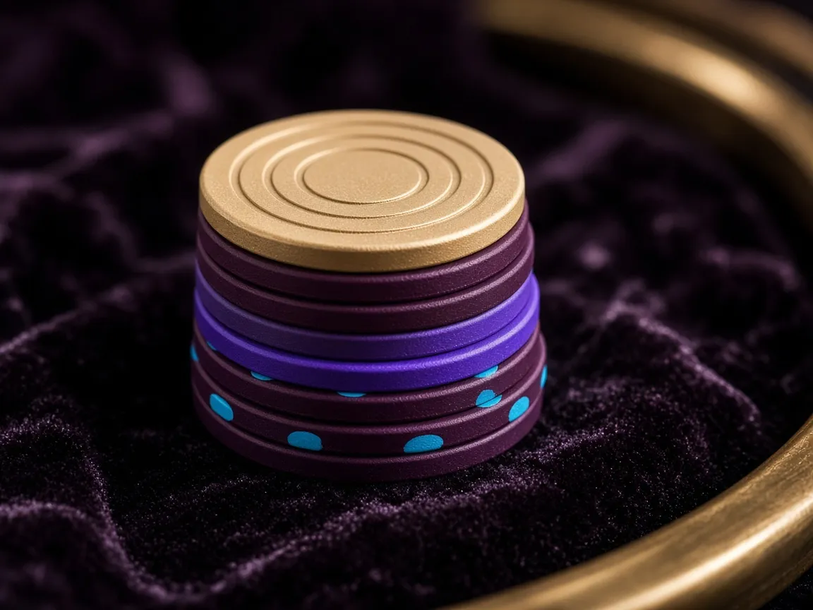 Champagne, plum, and cyan clay chips on velvet