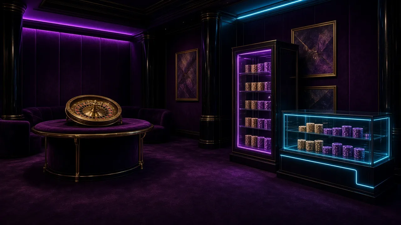 A wide plum velvet floor with a brass wheel table and two illuminated cabinets